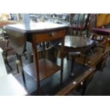 A MAHOGANY INLAID DROP-LEAF OCCASIONAL TABLE, WITH SINGLE DRAWER AND SHELF BELOW AND A SMALL