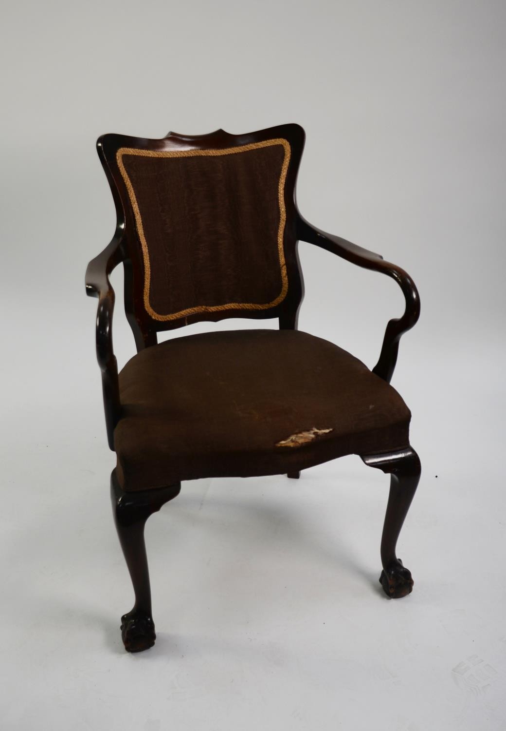 TWENTIETH CENTURY GEORGIAN STYLE MAHOGANY CARVER DINING CHAIR, with padded back and stuff over