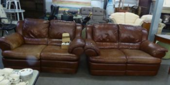 A PAIR OF STYLISH 'NATUZZI' ITALIAN DOUBLE RECLINING TWO SEATER SOFA'S, COVERED IN TAN LEATHER (