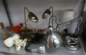 A RED ENAMELLED ANGLEPOISE DESK LAMP WITH CLAMP BASE FITMENT, A SHELF CLAMP SPOTLIGHT AND TWO