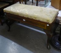 A MAHOGANY INLAID DUET PIANO STOOL, SEAT COVERED IN GOLD FLORAL FABRIC, RAISED ON CABRIOLE SUPPORTS