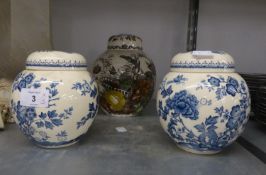 PAIR OF MASONS STONEWARE BLUE AND WHITE FLORAL PATTERN GINGER JARS AND COVERS,  5 1/2" (14cm) HIGH