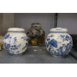 PAIR OF MASONS STONEWARE BLUE AND WHITE FLORAL PATTERN GINGER JARS AND COVERS,  5 1/2" (14cm) HIGH