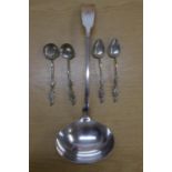 TWO PAIRS OF FAR EASTERN SILVER COLOURED METAL TEASPOONS, with engraved bowls and leaf cast handles,