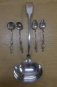 TWO PAIRS OF FAR EASTERN SILVER COLOURED METAL TEASPOONS, with engraved bowls and leaf cast handles,