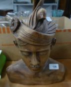 A THAI, LARGE CARVED WOOD MALE BUST WEARING A TURBAN, 13 ¼? HIGH