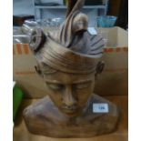 A THAI, LARGE CARVED WOOD MALE BUST WEARING A TURBAN, 13 ¼? HIGH