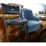 CIRCA 1920's OAK OBLONG FOOT STOOL, STUFF OVER TOP ON SPIRAL LEGS, A 1960'S DINING CHAIR, BUTTON