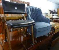 CIRCA 1920's OAK OBLONG FOOT STOOL, STUFF OVER TOP ON SPIRAL LEGS, A 1960'S DINING CHAIR, BUTTON