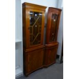 A YEW-WOOD TALL NARROW DISPLAY CABINET, THE UPPER SECTION HAVING ASTRAGAL GLAZED DOOR, ABOVE A PANEL