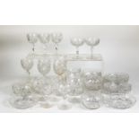 SET OF SIX PRE-WAR FINELY CUT  DESSERT BOWLS AND MATCHING SAUCER DISHES/STANDS, flower head and