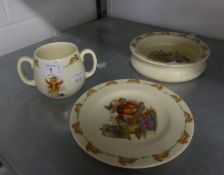 ROYAL DOULTON CHINA BUNNYKINS BABY'S BOWL, SMALL PLATE AND A TWO HANDLED MUG (3)