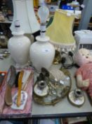 A PAIR OF BRASS CANDLE BRACKETS; A LADY?S GILT METAL AND GLASS DRESSING TABLE SET WITH NEEDLE WORK