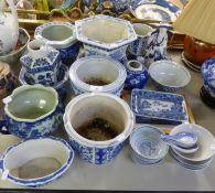 SELECTION OF MODERN CHINESE BLUE AND WHITE CHINA TO INCLUDE HEXAGONAL JARDINIERE AND MATCHING DISH