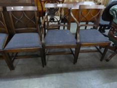 A SET OF FIVE EDWARDIAN SHERATON REVIVAL MAHOGANY DINING CHAIRS, INCLUDING A CARVER?S ARMCHAIR, WITH