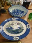 LATE TWENTIETH CENTURY BLUE AND WHITE FAUX IRONSTONE SHALLOW OVAL SCALLOPED BOWL, 16" (40.7cm)