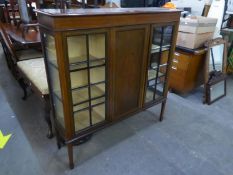 SHERATON REVIVAL LINE INLAID MAHOGANY DISPLAY CABINET, WITH CENTRE PANEL DOOR FLANKED BY TWO PANE