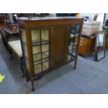 SHERATON REVIVAL LINE INLAID MAHOGANY DISPLAY CABINET, WITH CENTRE PANEL DOOR FLANKED BY TWO PANE