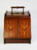 EDWARDIAN INLAID MAHOGANY COAL PURDONIUM, THE CAST BRASS AND TURNED WOODEN CARRYING HANDLE HINGED TO