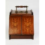 EDWARDIAN INLAID MAHOGANY COAL PURDONIUM, THE CAST BRASS AND TURNED WOODEN CARRYING HANDLE HINGED TO