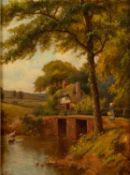 MONOGRAMMED HM (NINETEENTH CENTURY) OIL PAINTING ON PANEL Maid crossing a bridge in a rural