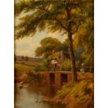 MONOGRAMMED HM (NINETEENTH CENTURY) OIL PAINTING ON PANEL Maid crossing a bridge in a rural