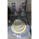 A PAIR OF WEDGWOOD PALE BLUE AND WHITE JASPER WARE LONG-NECKED VASES, A PLAQUE AND A WEDGWOOD