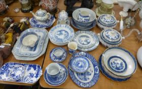 PAIR OF BOOTHS 'REAL OLD WILLOW' BLUE AND WHITE AND GILT POTTERY TWO HANDLE VEGETABLE TUREENS AND