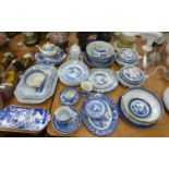 PAIR OF BOOTHS 'REAL OLD WILLOW' BLUE AND WHITE AND GILT POTTERY TWO HANDLE VEGETABLE TUREENS AND