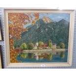 OIL PAINTING ON BOARD, SWISS LAKESIDE SCENE, 20? X 24?