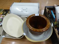 KITCHEN WARE VARIOUS TO INCLUDE; AYNSLEY PLATE, CAKE STAND, OTHER DECORATIVE PLATES, MIXING BOX,