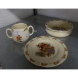 ROYAL DOULTON CHINA BUNNYKINS BABY'S BOWL, SMALL PLATE AND A TWO HANDLED MUG (3)