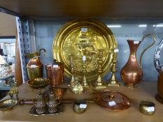 TWO PAIRS OF BRASS CANDLESTICKS; A BRASS CRINOLINE FIGURE TABLE BELL; BENARES BRASS VASE AND BOWL