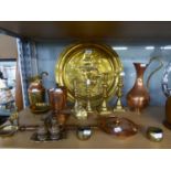 TWO PAIRS OF BRASS CANDLESTICKS; A BRASS CRINOLINE FIGURE TABLE BELL; BENARES BRASS VASE AND BOWL