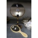 A LADY'S EDWARDIAN BONE-BACKED DRESSING TABLE HAND MIRROR AND A MODERN CIRCULAR PEDESTAL MAKE-UP