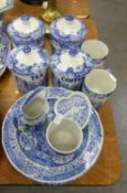 PAIR OF SPODE CHINA BLUE AND WHITE 'ITALIAN' PATTERN KITCHEN STORAGE JARS, MARKED; TEA, COFFEE AND A