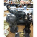 LARGE BLACK FINISH COMPOSITION FIGURE OF AN  ELEPHANT AND HOWDAH DEPICTED TRUNK RAISED, 15" (38cm)