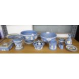 TWELVE PIECES OF TWENTIETH CENTURY WEDGWOOD PALE BLUE JASPERWARE POTTERY, including: PEDESTAL