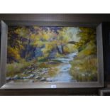 BRADLEY WARD (TWENTIETH CENTURY) OIL ON BOARD Tranquil river scene with stone bridge Signed and