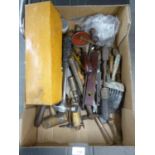 A SELECTION OF OLD HAND TOOLS TO INCLUDE; A STANLEY HAND DRILL (BOXED) HAMMERS, MALLET, DRIVERS