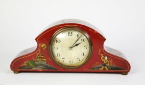 EARLY 20TH CENTURY CHINOISERIE RED AND GOLD LACQUERED MANTEL CLOCK, THE SILVERED DIAL WITH ARABIC