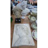 CAST RESIN HEAD OF MEDUSA AFTER THE ANTIQUE, RAISED ON PLAIN BLACK COLUMN TO STEPPED SQUARE BASE, 10