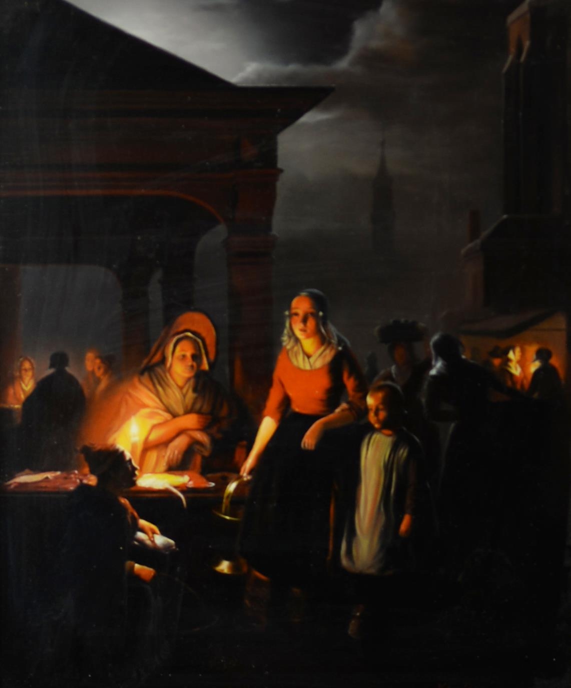 KREUTZER (TWENTIETH CENTURY) OIL PAINTING ON MANUFACTURED BOARD Candle lit figures at a market place