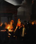 KREUTZER (TWENTIETH CENTURY) OIL PAINTING ON MANUFACTURED BOARD Candle lit figures at a market place