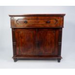 WILLIAM IV CARVED AND FIGURED MAHOGANY CHIFFONIER, the oblong top above a deep drawer with moulded
