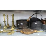 TWO PAIRS OF BRASS CANDLESTICKS 12 1/2in (31.7cm) HIGH; BRASS HELMET SHAPE COAL BUCKET; ANOTHER (