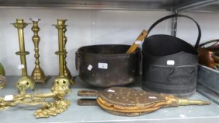 TWO PAIRS OF BRASS CANDLESTICKS 12 1/2in (31.7cm) HIGH; BRASS HELMET SHAPE COAL BUCKET; ANOTHER (