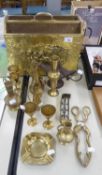 A BRASS FACED MAGAZINE STAND AND FOURTEEN OTHER PIECES OF BRASSWARES (15)