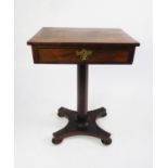 WILLIAM IV ROSEWOOD PEDESTAL WORK TABLE, the oblong top above a frieze drawer, fitted with a brass