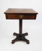 WILLIAM IV ROSEWOOD PEDESTAL WORK TABLE, the oblong top above a frieze drawer, fitted with a brass